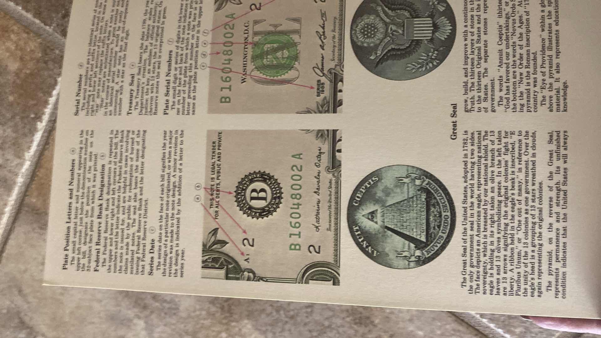 Photo 1 of VINTAGE 1985 BUREAU OF ENGRAVING AND PRINTING 4 $1 DOLLAR BILLS UNCUT