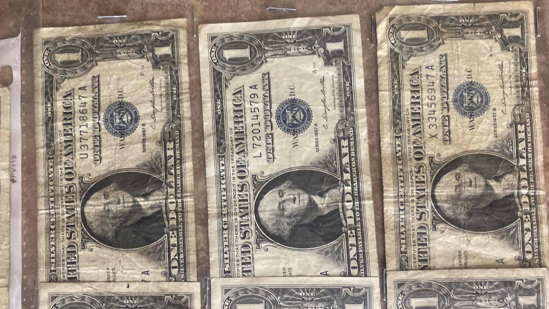 Photo 1 of 22-VINTAGE 1957 CIRCULATED SILVER CERTIFICATES ONE DOLLAR BILLS