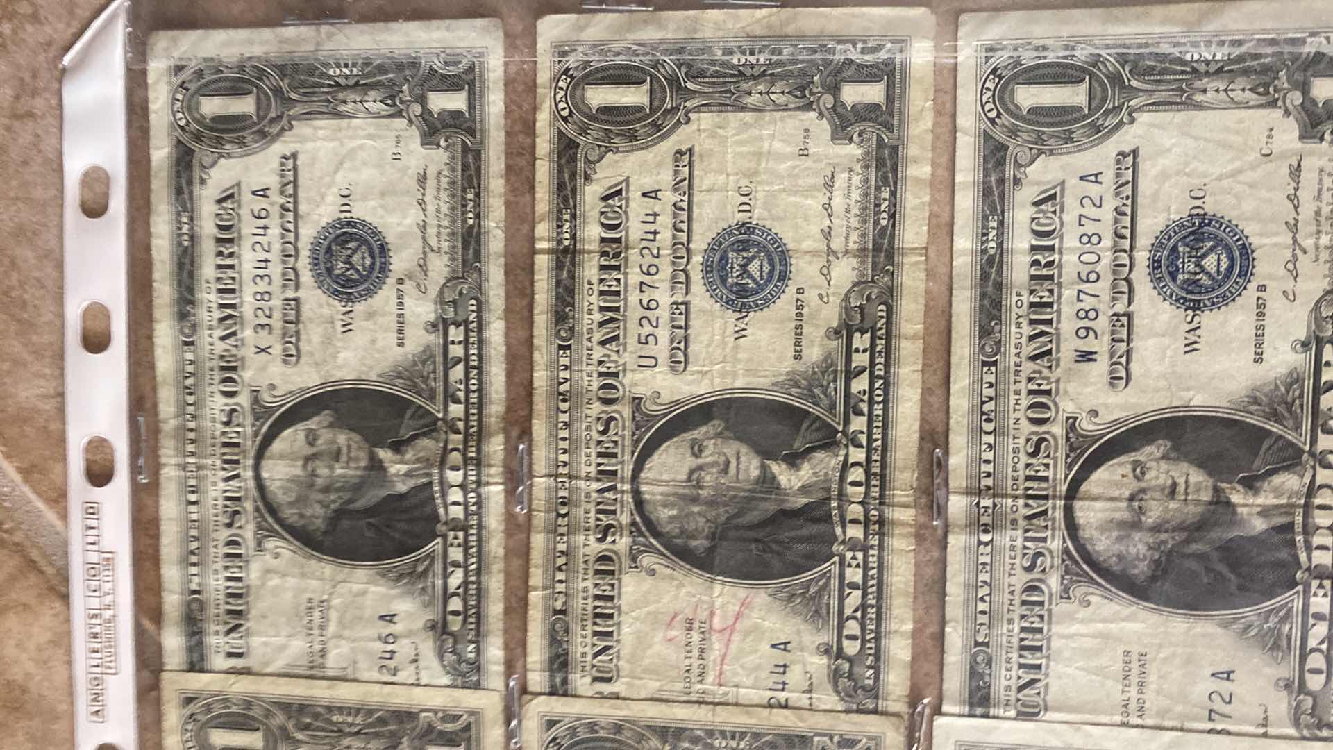 Photo 1 of 22-VINTAGE 1957 CIRCULATED SILVER CERTIFICATES ONE DOLLAR BILLS
