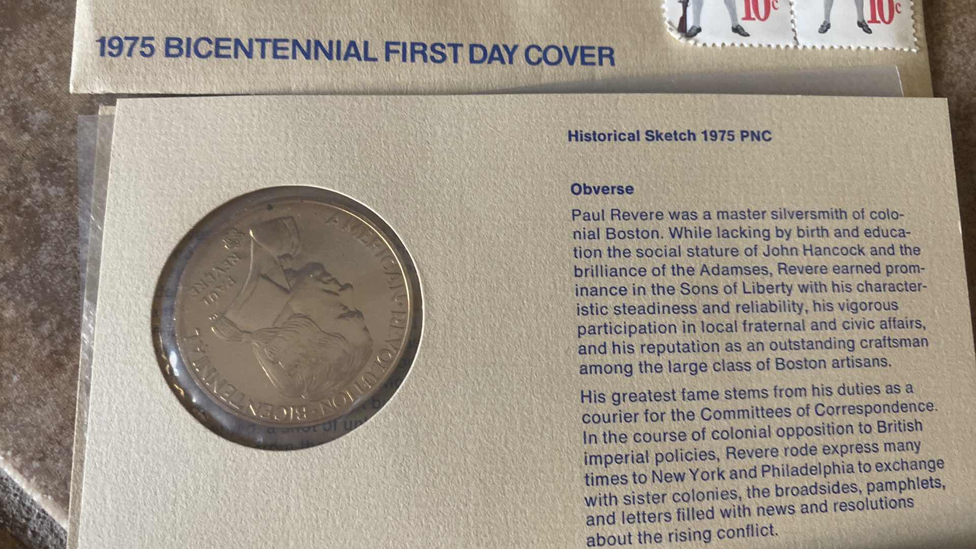Photo 1 of 3-1975 BICENTENNIAL FIRST DAY COVER COMMEMORATIVE MEDAL AND STAMPS PAUL REVERE