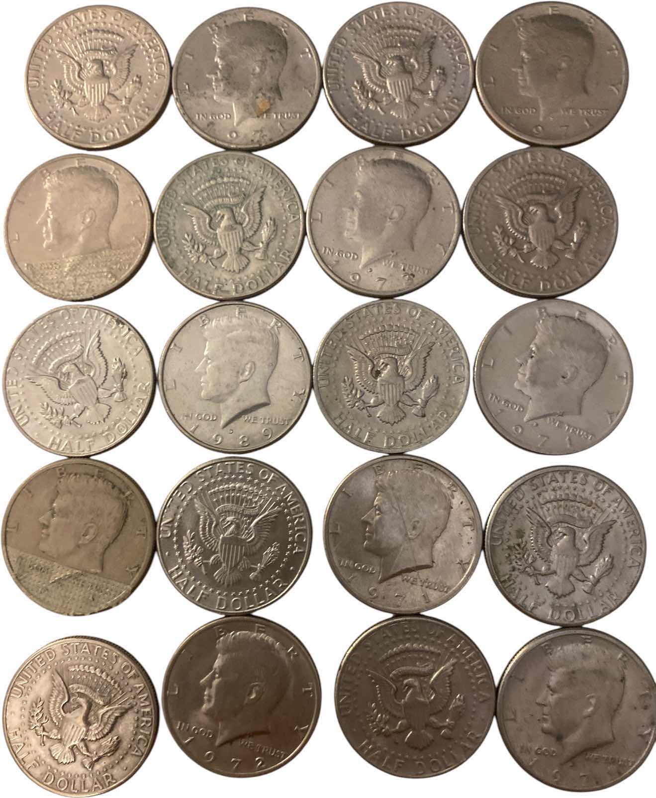 Photo 1 of 20-KENNEDY HALF DOLLARS MADE BEGINNING 1971 VARIOUS YEARS(NO SILVER)