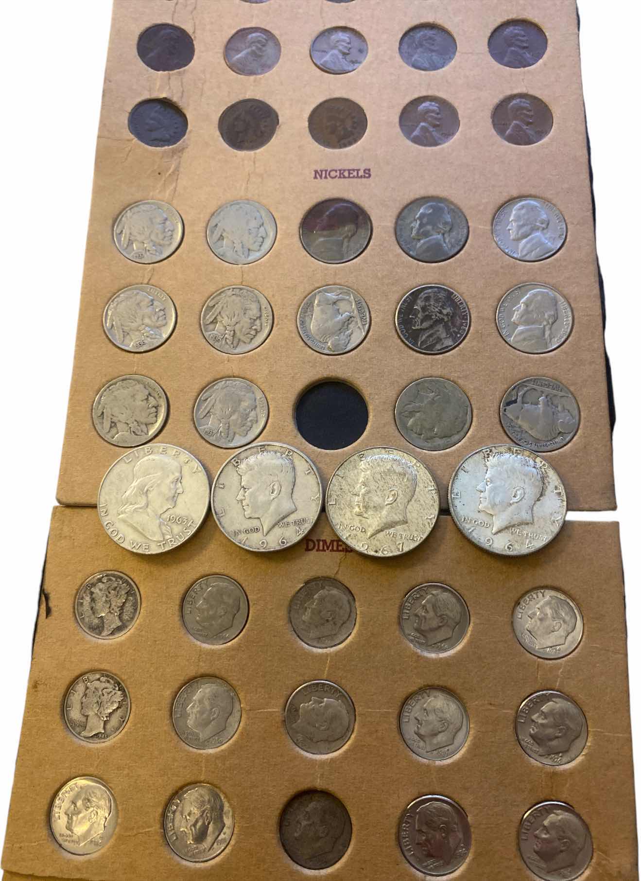 Photo 1 of PENNIES, NICKELS AND DIMES WITH 4 SILVER 50 HALF DOLLARS