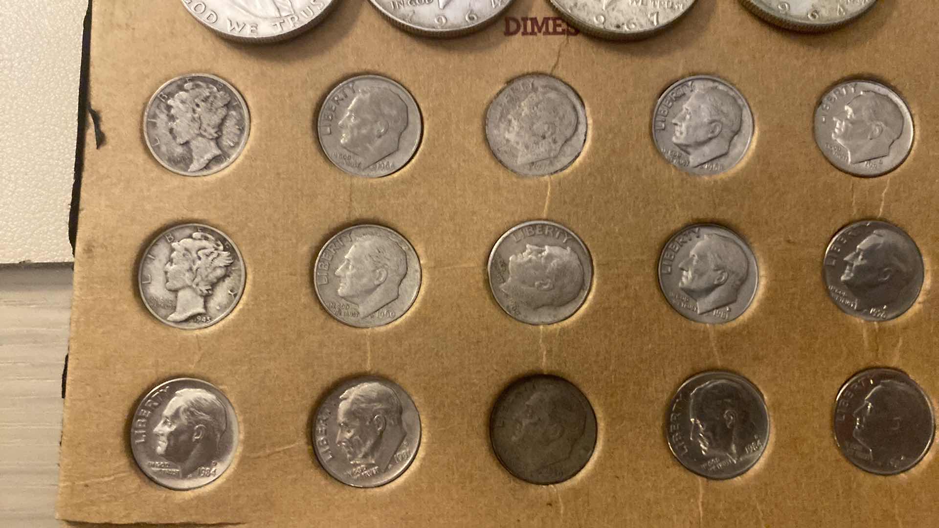 Photo 1 of PENNIES, NICKELS AND DIMES WITH 4 SILVER 50 HALF DOLLARS