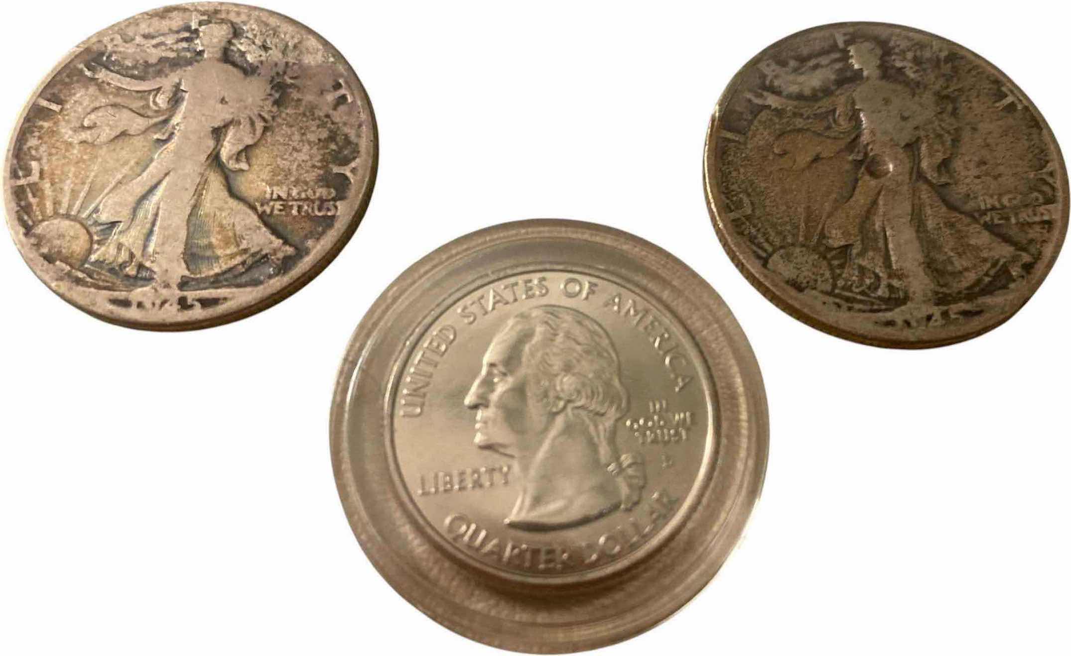 Photo 1 of 2-U.S. 1945 WALKING LIBERTY HALF DOLLARS COMPOSED OF 90% SILVER & 2005 D MINT CALIFORNIA STATEHOOD QUARTER DOLLAR HONORING YOSEMITE VALLEY