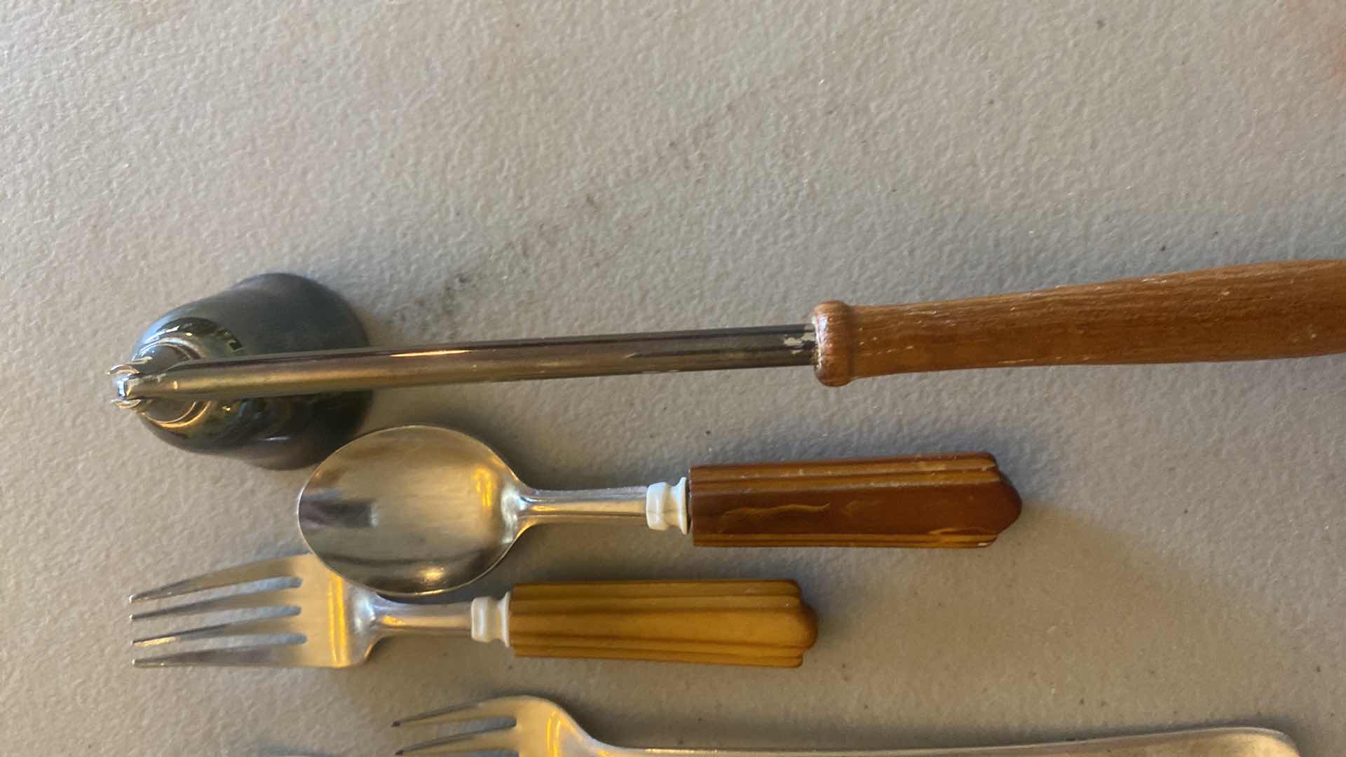 Photo 1 of 7-SIMEON L AND GEORGE H ROGERS COMPANY ALPACA APPETIZER FORKS GERMAN SILVER PLATED & CANDLE SNUFFER WITH APPETIZER, FORK AND SPOON