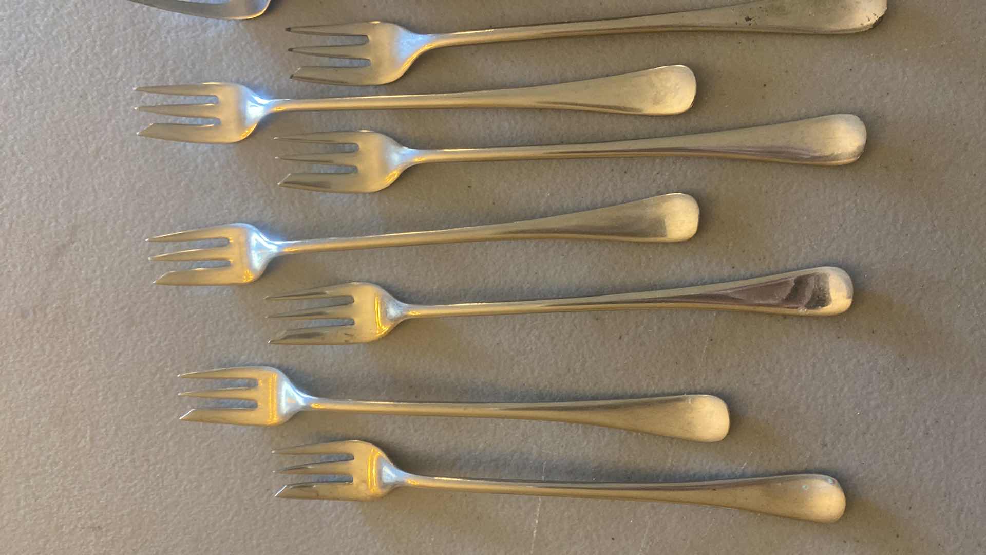 Photo 1 of 7-SIMEON L AND GEORGE H ROGERS COMPANY ALPACA APPETIZER FORKS GERMAN SILVER PLATED & CANDLE SNUFFER WITH APPETIZER, FORK AND SPOON