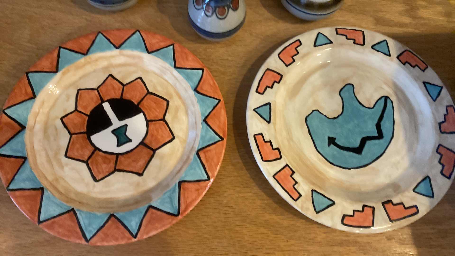 Photo 1 of 9-GLAZED AND HAND-PAINTED POTTERY DISHES 8” & MINI VASES