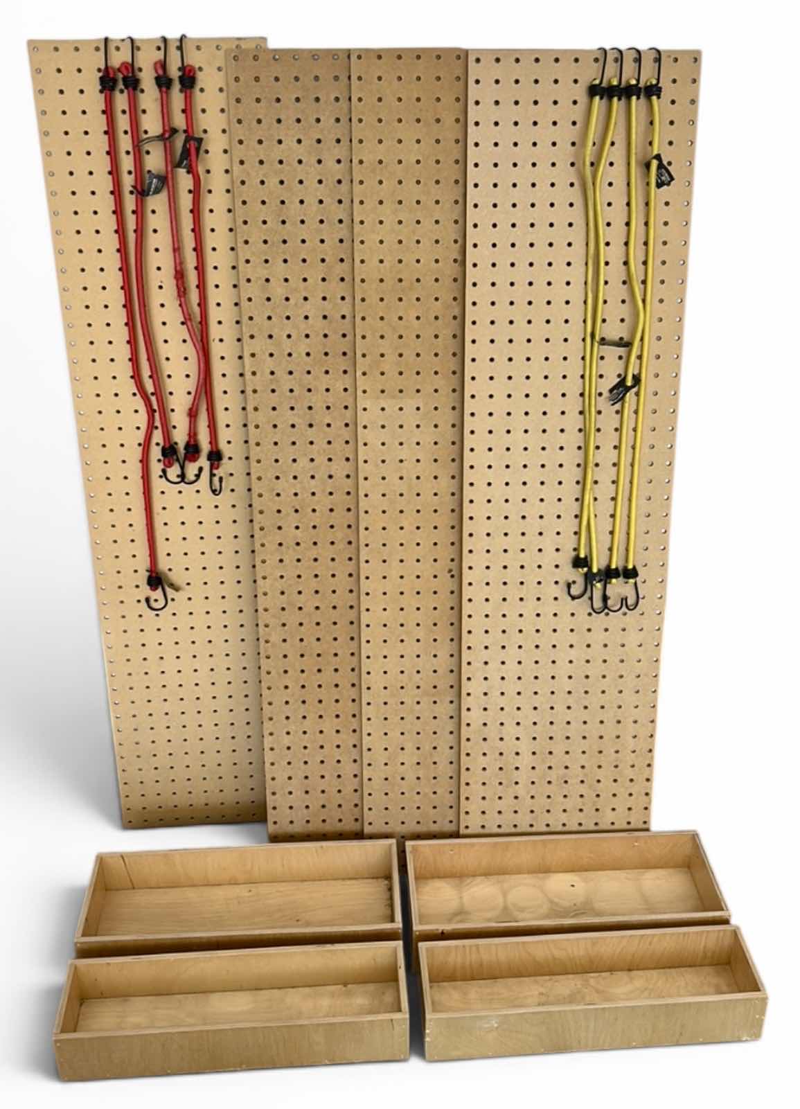 View 1 of GARAGE ITEMS – FOUR WOODEN BOXES, EIGHT BUNGEE CORDS AND FOUR PEG BOARDS