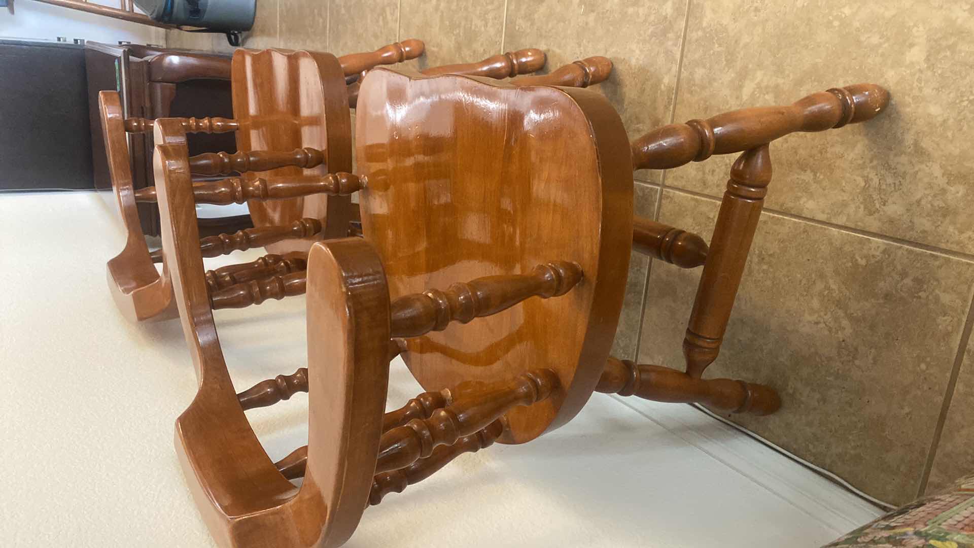 Photo 1 of HONEY MAPLE FINISH SOLID WOOD CAPTAINS ARMCHAIRS (2)