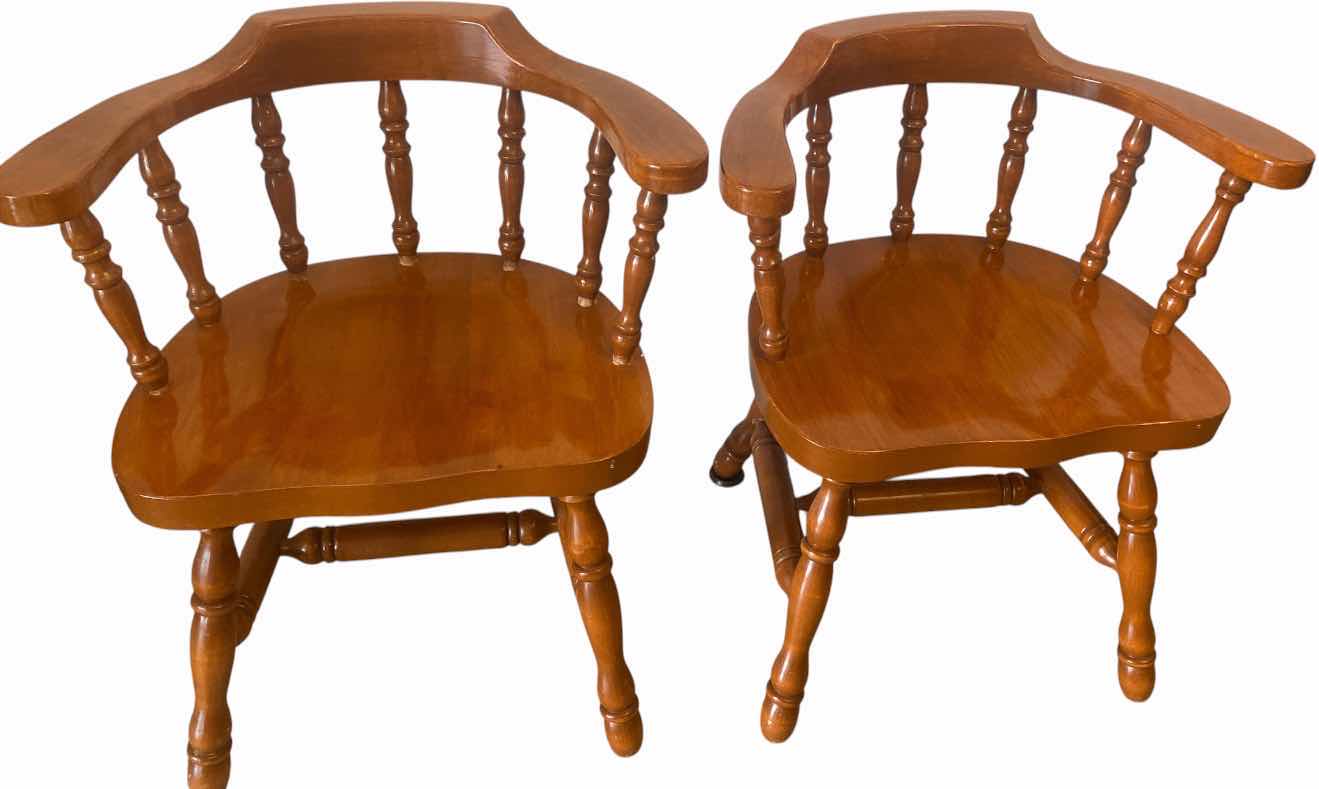 Photo 1 of HONEY MAPLE FINISH SOLID WOOD CAPTAINS ARMCHAIRS (2)