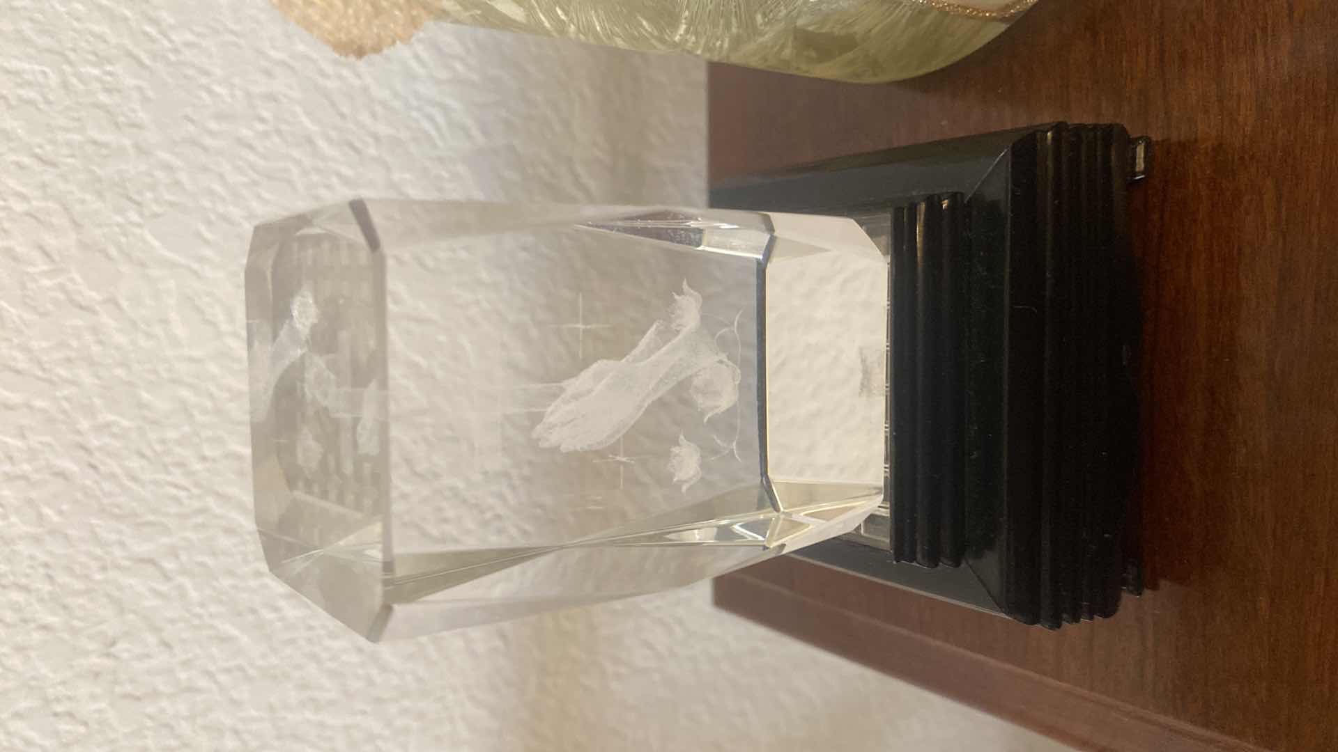 Photo 1 of PAIR OF 3-D LASER ENGRAVED GLASS BLOCKS ON STEPPED UP DISPLAY BASE H 5 1/4” WITH RELIGIOUS VASE H 8“