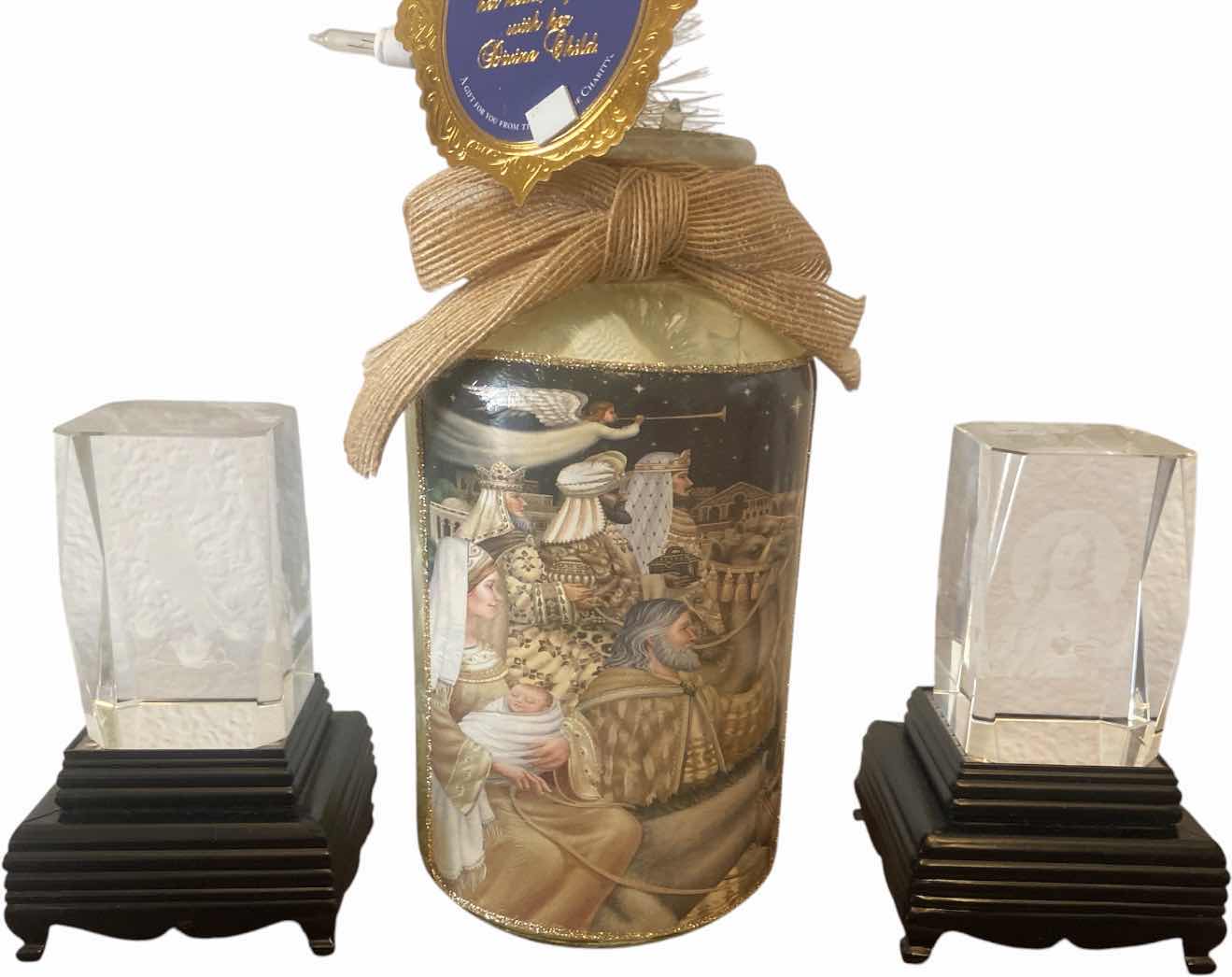 Photo 1 of PAIR OF 3-D LASER ENGRAVED GLASS BLOCKS ON STEPPED UP DISPLAY BASE H 5 1/4” WITH RELIGIOUS VASE H 8“