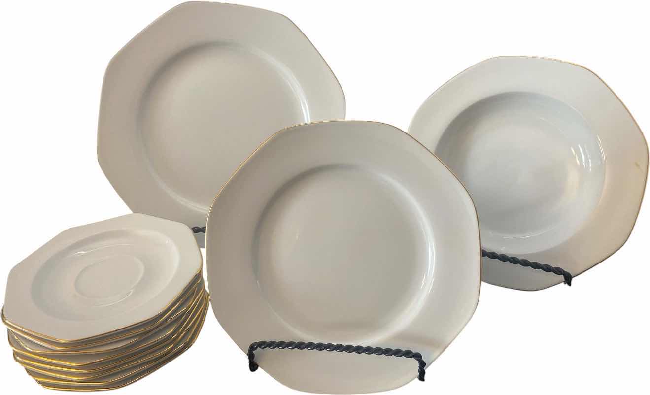 View 1 of 44 CROWN PORCELAIN 10 1/4 INCH DINNER PLATES WITH SALAD PLATES SOUP BOWLS AND SAUCERS, CUPS SUGAR AND CREAMER & PLATTER MADE IN THAILAND