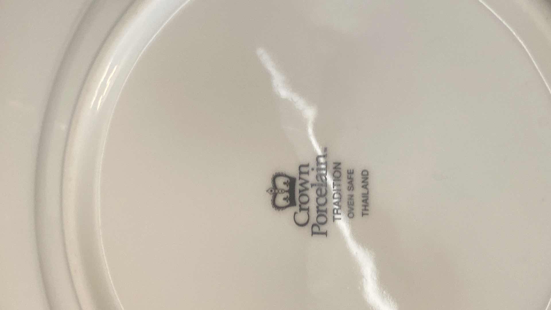 View 3 of 44 CROWN PORCELAIN 10 1/4 INCH DINNER PLATES WITH SALAD PLATES SOUP BOWLS AND SAUCERS, CUPS SUGAR AND CREAMER & PLATTER MADE IN THAILAND