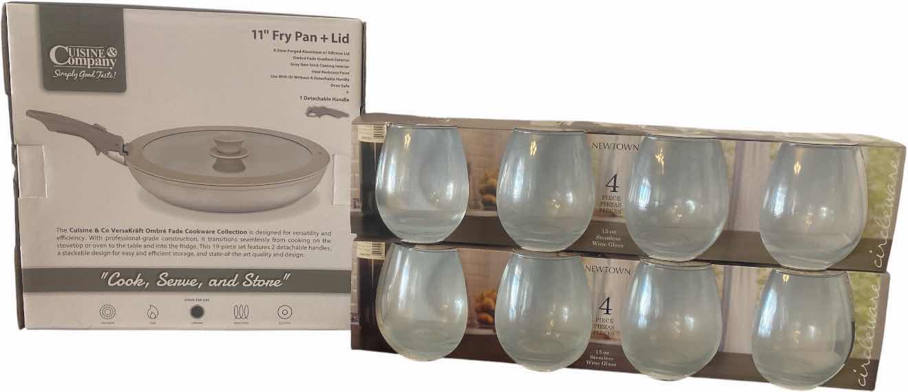 Photo 1 of NEW CUISINE AND COMPANY 11 INCH FRY PAN WITH LID AND 8 OUNCE STEMLESS WINE GLASSES