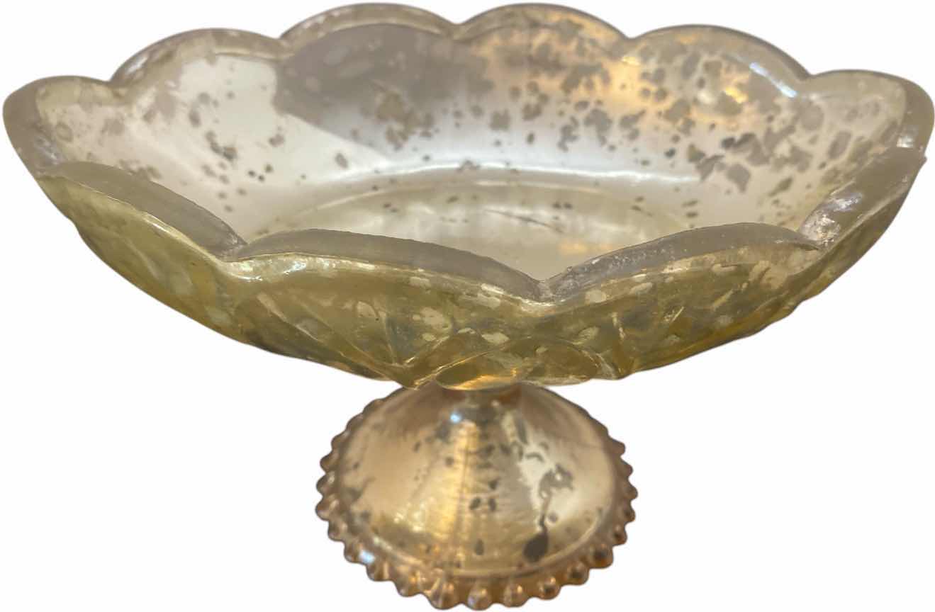 Photo 1 of VINTAGE ACCENT DECOR DISTRESSED GOLD MERCURY GLASS PEDESTAL DISH 7 1/2” X 4 1/2”