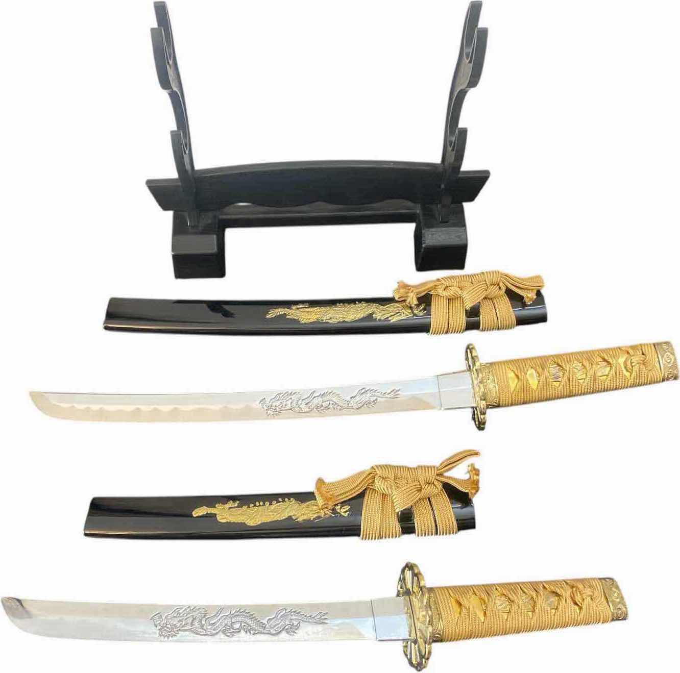 Photo 1 of REPLICA MINIATURE SAMURAI DRAGON SWORD SET STAINLESS STEEL WITH DISPLAY STANDS LARGEST 17 1/2“