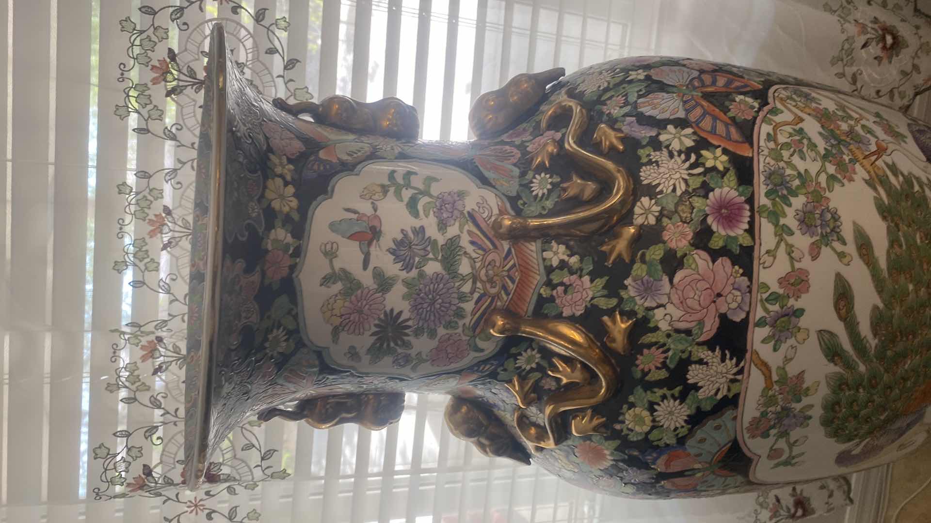 Photo 1 of LARGE HAND-PAINTED CHINESE FAMILLE ROSE PORCELAIN FLOOR VASE ON STAND WITH GUILT, ACCENTS PEACOCK AND BIRDS WITHOUT SAND BASE MEASURES 16“ X 43 EDGES