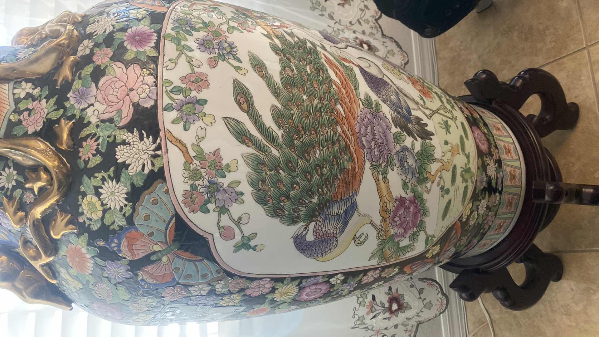 Photo 1 of LARGE HAND-PAINTED CHINESE FAMILLE ROSE PORCELAIN FLOOR VASE ON STAND WITH GUILT, ACCENTS PEACOCK AND BIRDS WITHOUT SAND BASE MEASURES 16“ X 43 EDGES