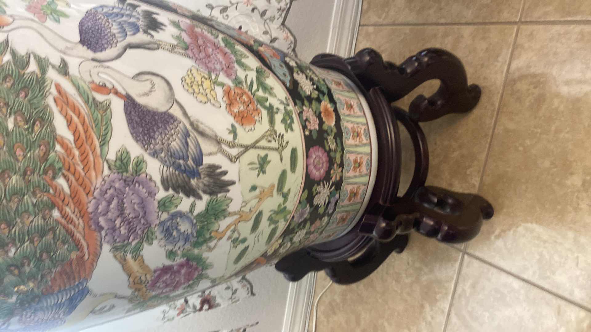 Photo 1 of LARGE HAND-PAINTED CHINESE FAMILLE ROSE PORCELAIN FLOOR VASE ON STAND WITH GUILT, ACCENTS PEACOCK AND BIRDS WITHOUT SAND BASE MEASURES 16“ X 43 EDGES
