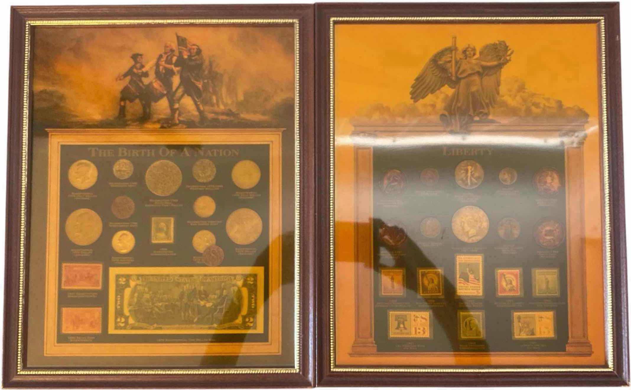 Photo 1 of 2- FRAMED THE BIRTH OF A NATION IN LIBERTY COINS AND STAMPS 12“ x 15“ EACH