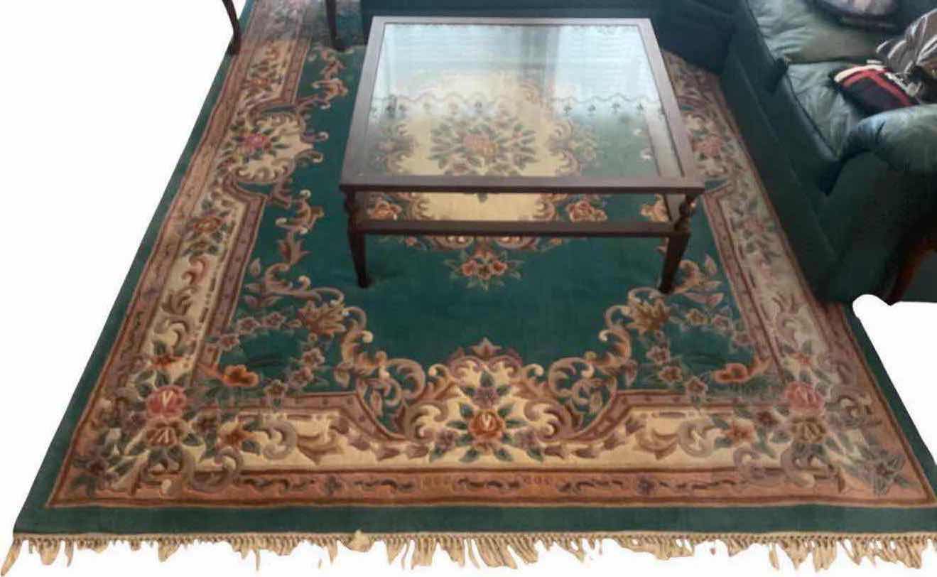 Photo 1 of VINTAGE CHINESE HAND KNOTTED WOOL RUG TEAL AND SOFT PINK 8‘1“ X 11‘1“ NOT INCLUDING FRINGE (PAD INCLUDED)
