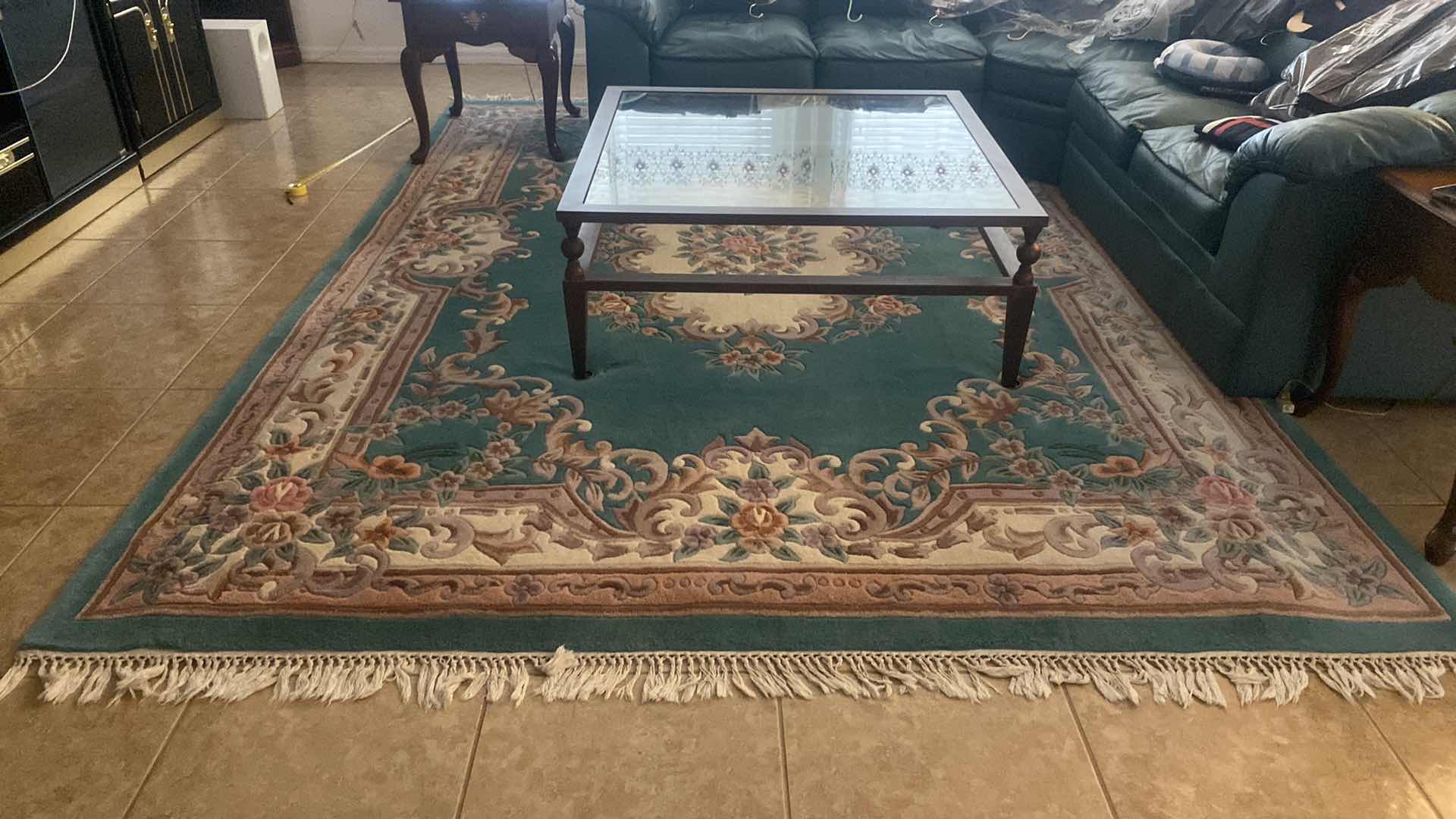 Photo 1 of VINTAGE CHINESE HAND KNOTTED WOOL RUG TEAL AND SOFT PINK 8‘1“ X 11‘1“ NOT INCLUDING FRINGE (PAD INCLUDED)