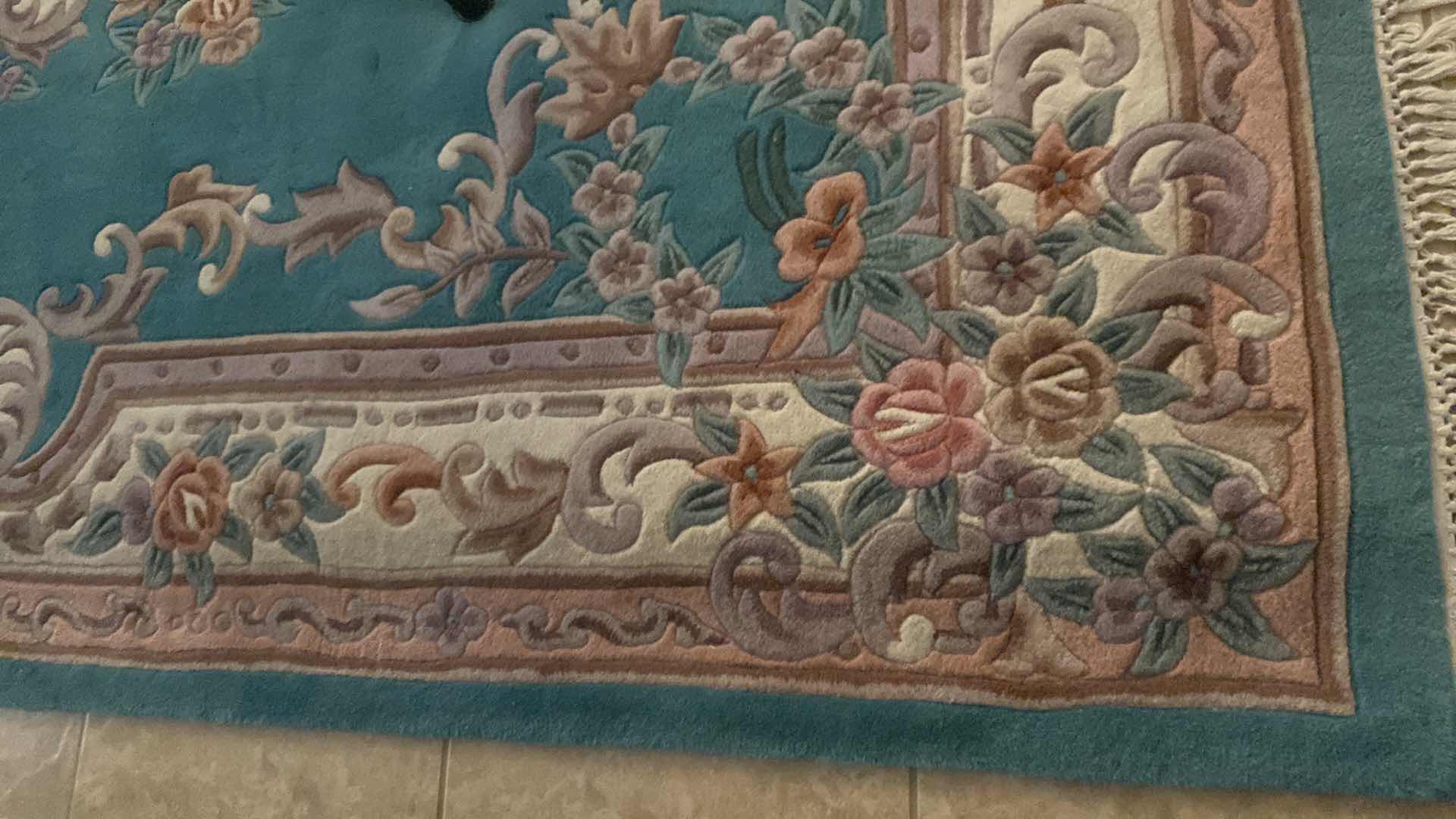 Photo 1 of VINTAGE CHINESE HAND KNOTTED WOOL RUG TEAL AND SOFT PINK 8‘1“ X 11‘1“ NOT INCLUDING FRINGE (PAD INCLUDED)