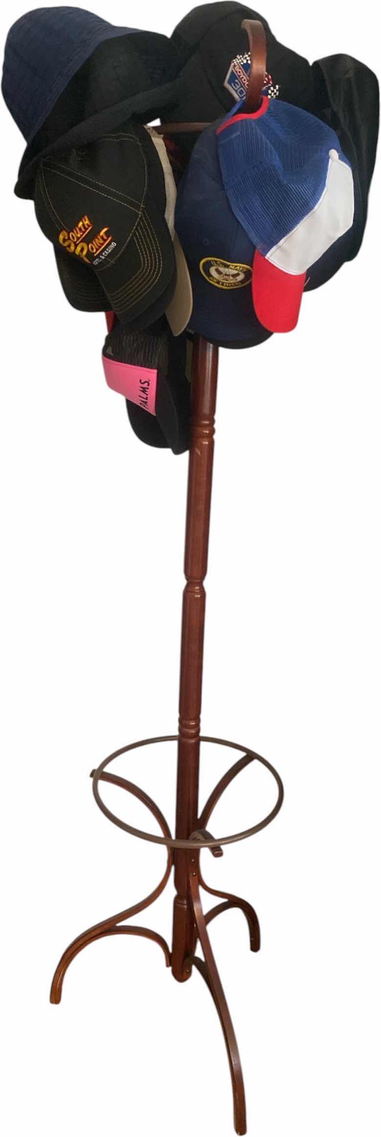 Photo 1 of VINTAGE WOOD HAT RACK WITH BASEBALL CAPS H 72”