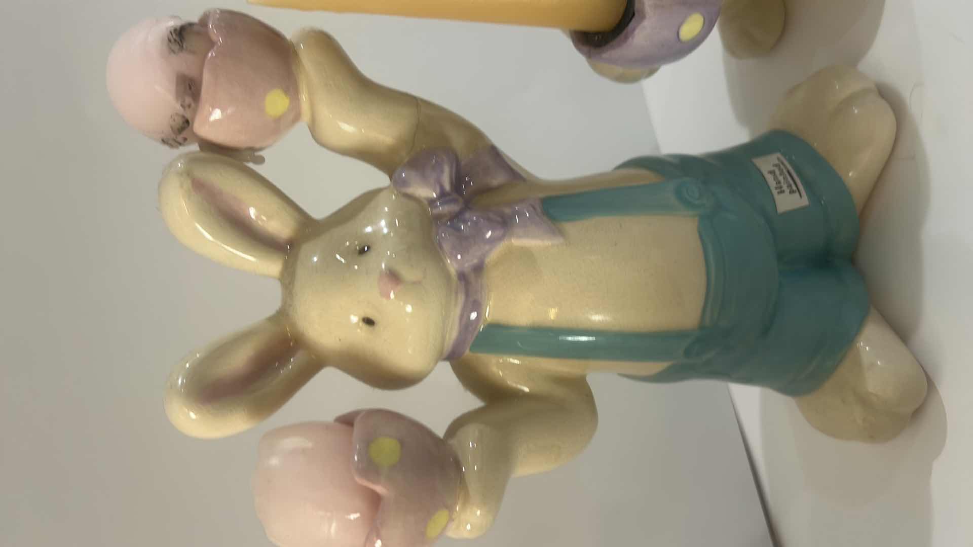 Photo 1 of HAND-PAINTED CERAMIC EASTER BUNNY FIGURINES WITH EGG & CANDLE HOLDERS
CHARMING PASTEL SPRING/EASTER DECOR
ESTIMATED RETAIL VALUE: $60 FOR THE SET H9”