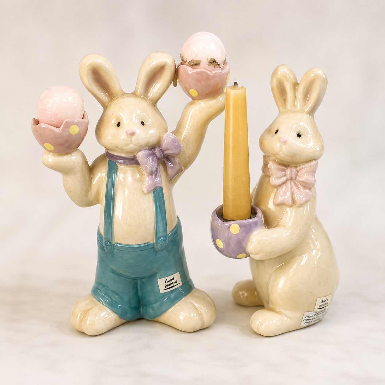 Photo 1 of HAND-PAINTED CERAMIC EASTER BUNNY FIGURINES WITH EGG & CANDLE HOLDERS
CHARMING PASTEL SPRING/EASTER DECOR
ESTIMATED RETAIL VALUE: $60 FOR THE SET H9”
