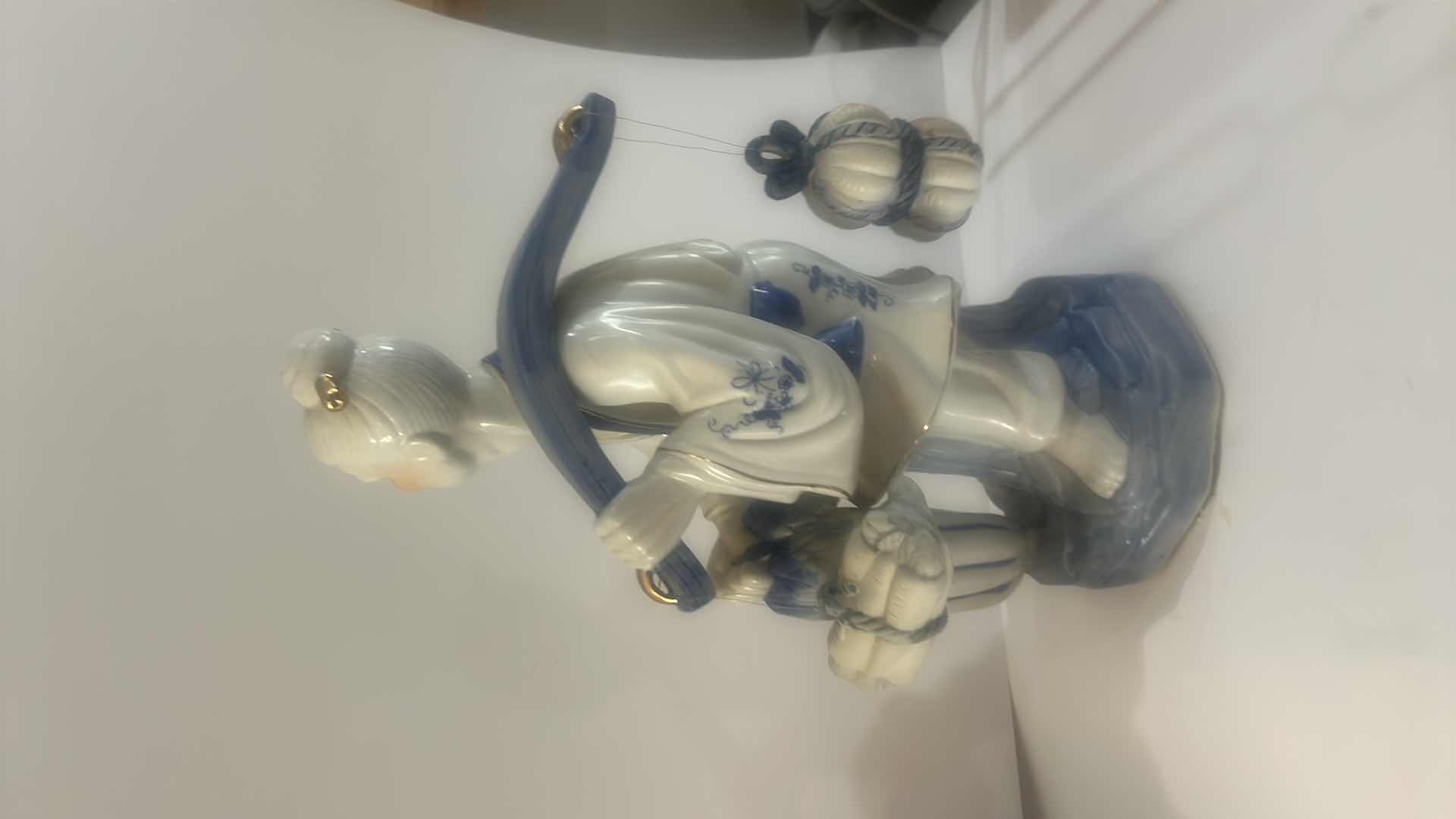 Photo 1 of VINTAGE BLUE & WHITE ASIAN PORCELAIN FISHERMAN FIGURINE DETAILED HAND-PAINTED FIGURE WITH FISH & HANGING VESSEL
ESTIMATED RETAIL VALUE: $125 H15”