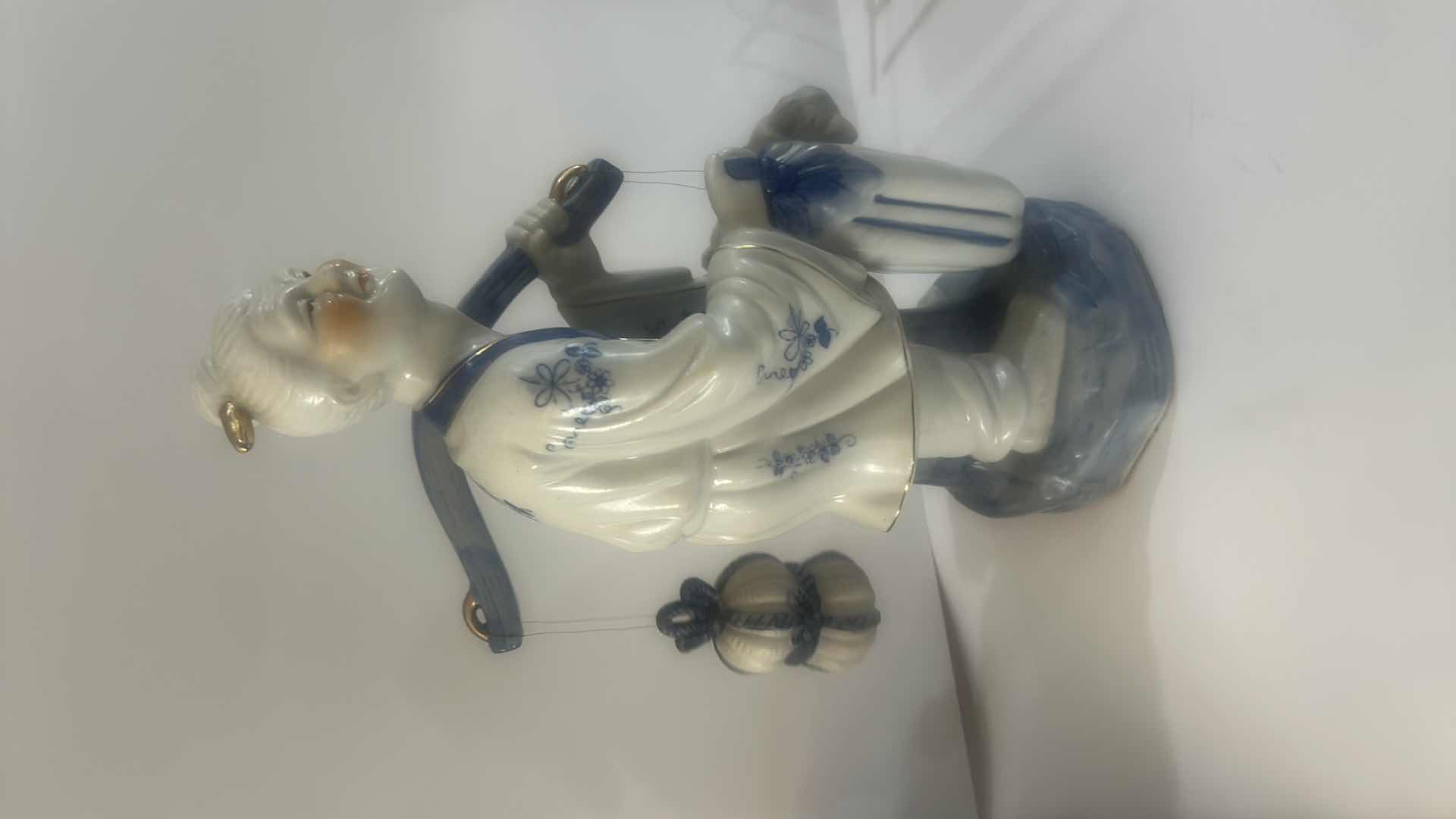 Photo 1 of VINTAGE BLUE & WHITE ASIAN PORCELAIN FISHERMAN FIGURINE DETAILED HAND-PAINTED FIGURE WITH FISH & HANGING VESSEL
ESTIMATED RETAIL VALUE: $125 H15”