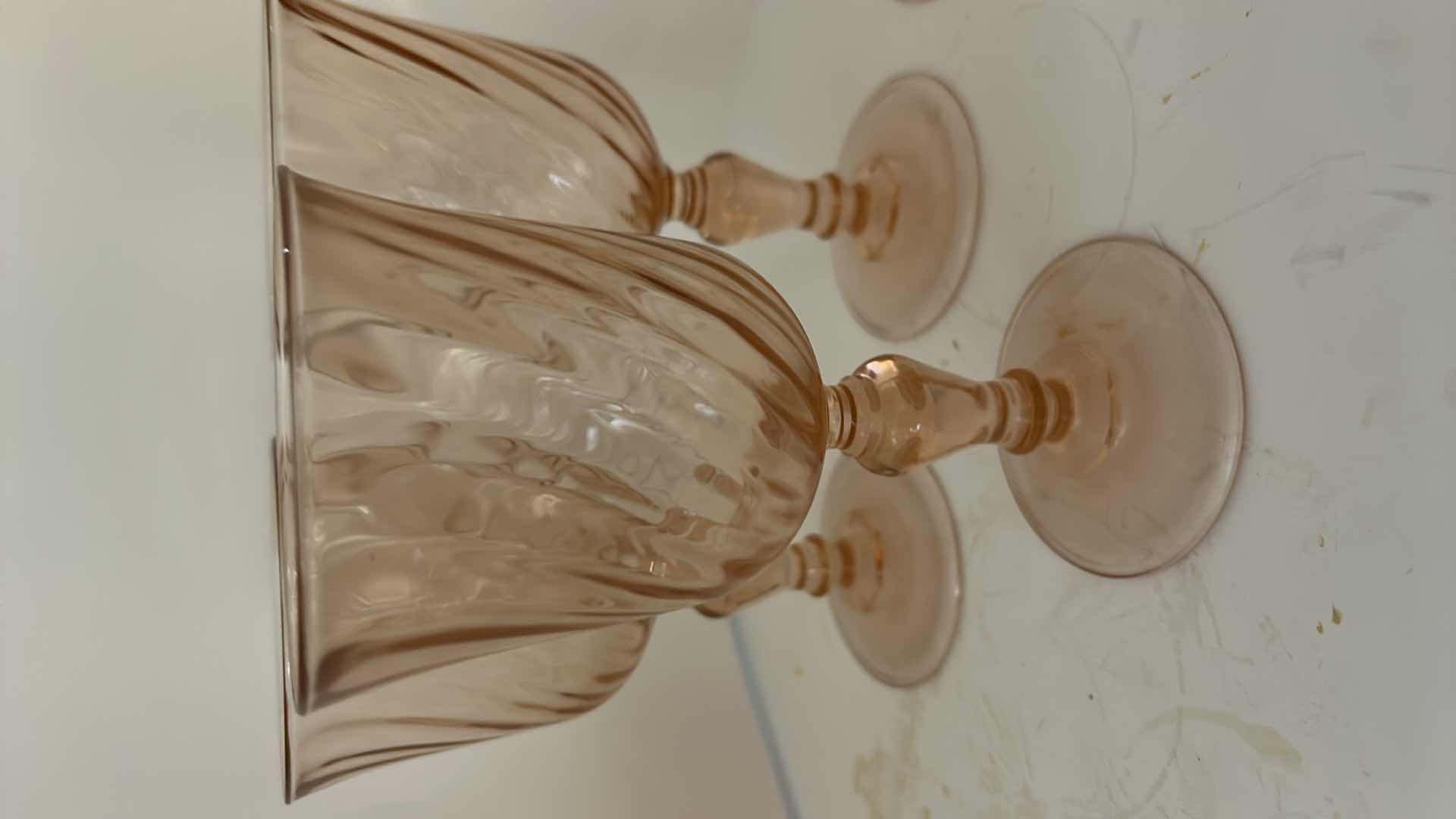 Photo 1 of 6 VINTAGE ARCOROC FRANCE ROSALINE PINK SWIRL WINE GLASSES FEATURING A DISTINCTIVE OPTIC TWIST PATTERN. $75