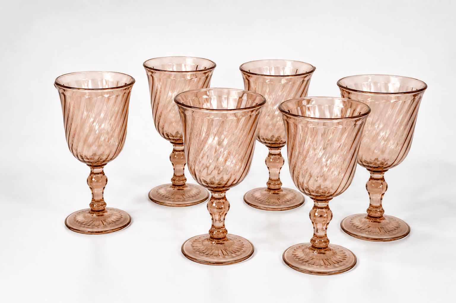 Photo 1 of 6 VINTAGE ARCOROC FRANCE ROSALINE PINK SWIRL WINE GLASSES FEATURING A DISTINCTIVE OPTIC TWIST PATTERN. $75