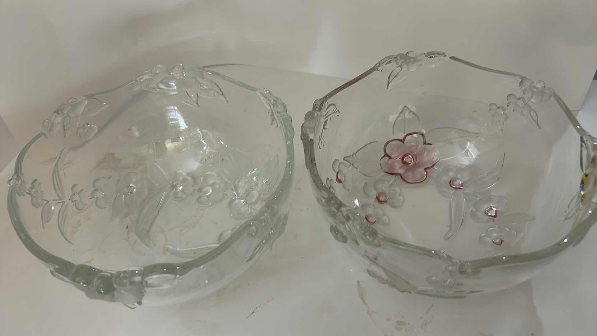 Photo 1 of 2-PRESSED GLASS SERVING BOWLS W EMBOSSED FLORAL DESIGN AND SCALLOPED RIMS 9” x H5”