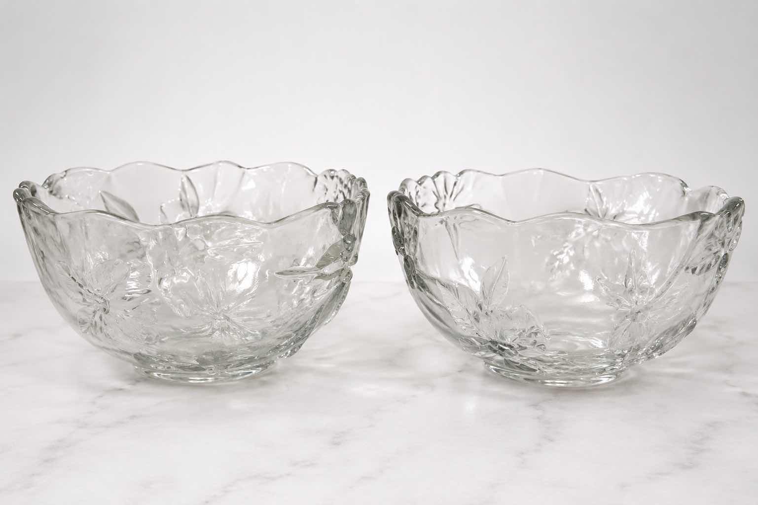 Photo 1 of 2-PRESSED GLASS SERVING BOWLS W EMBOSSED FLORAL DESIGN AND SCALLOPED RIMS 9” x H5”