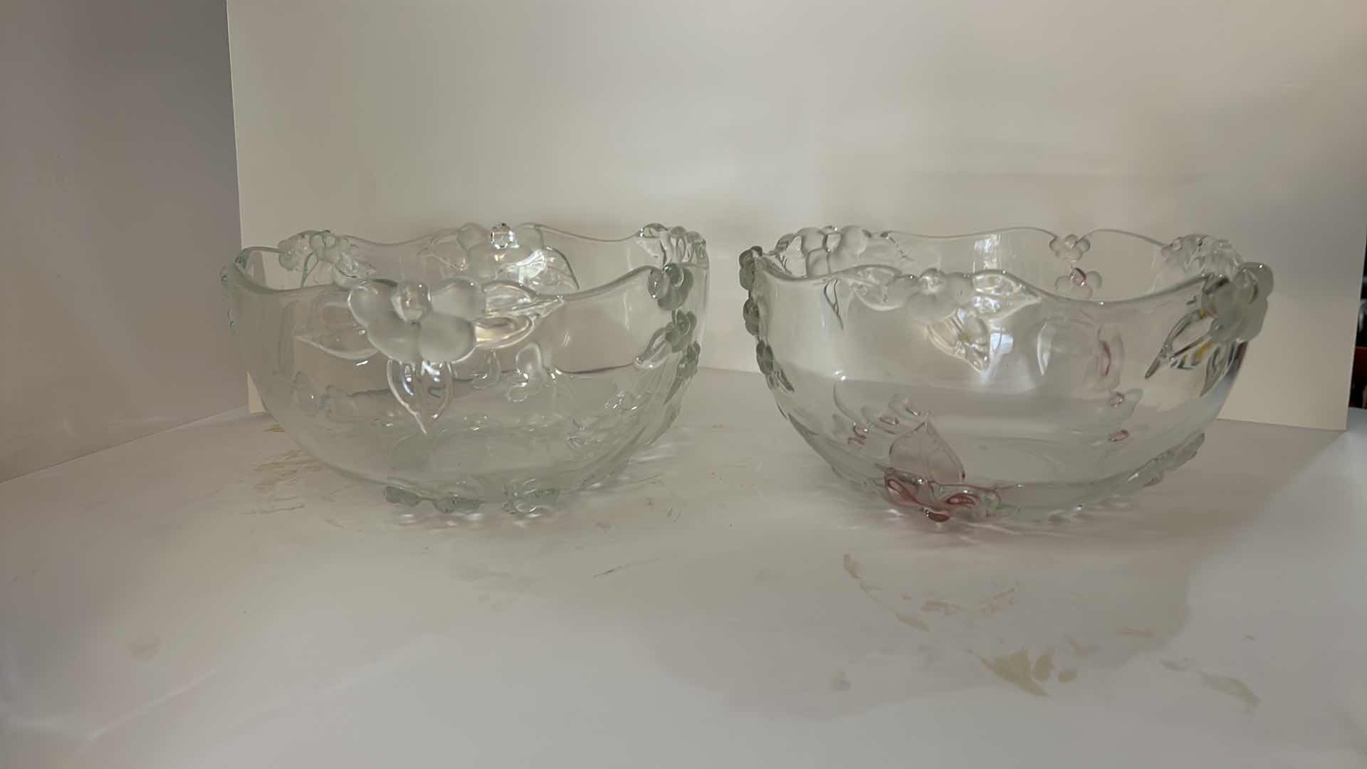 Photo 1 of 2-PRESSED GLASS SERVING BOWLS W EMBOSSED FLORAL DESIGN AND SCALLOPED RIMS 9” x H5”