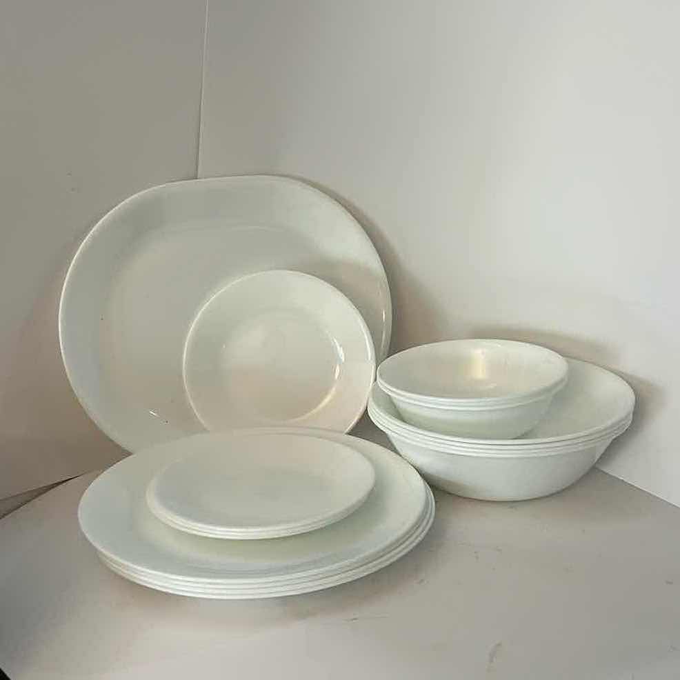 Photo 1 of 15 PC - VINTAGE CORELLE "WINTER FROST WHITE" VITRELLE GLASS DINNERWARE SET.