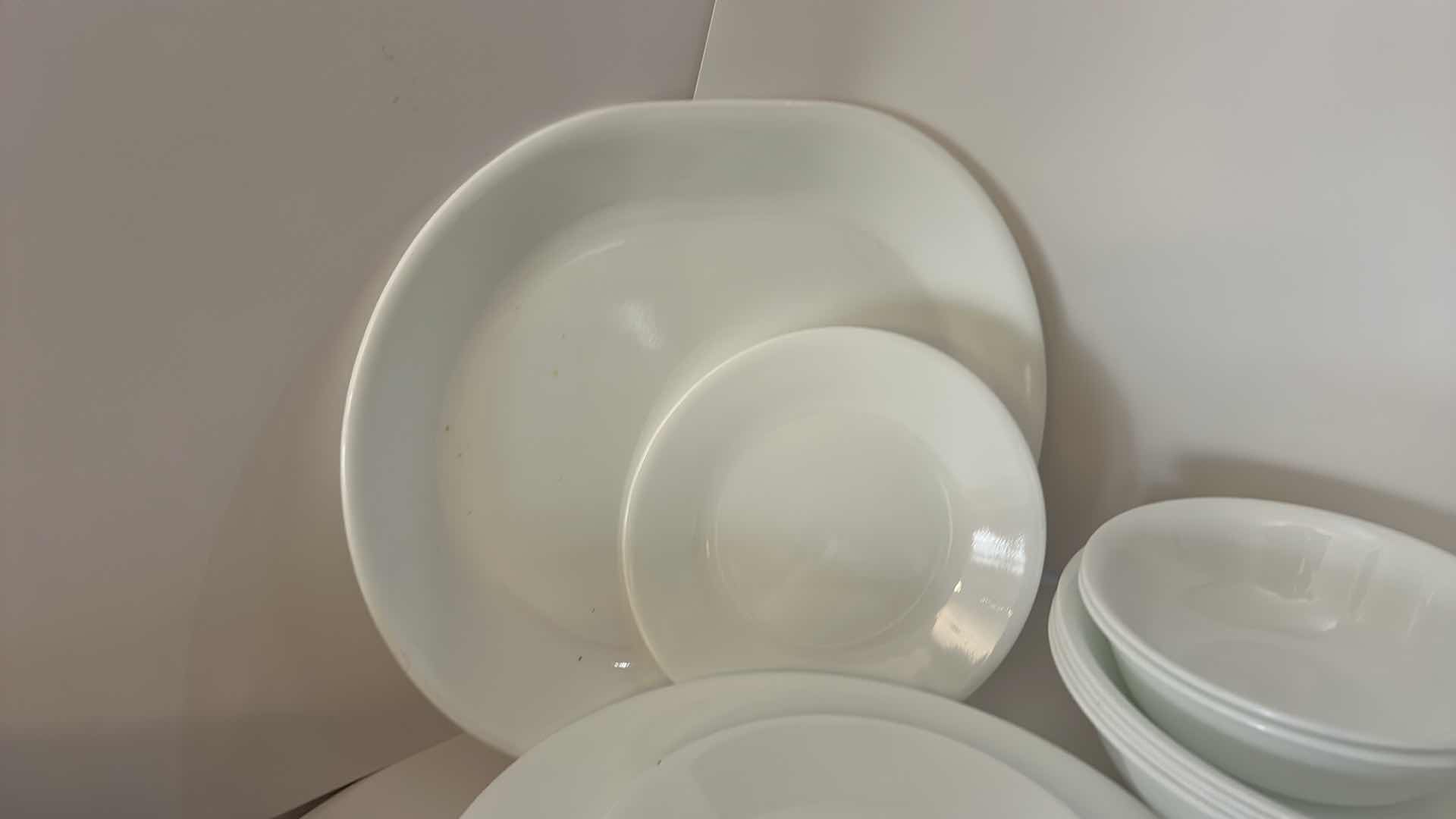 Photo 1 of 15 PC - VINTAGE CORELLE "WINTER FROST WHITE" VITRELLE GLASS DINNERWARE SET.