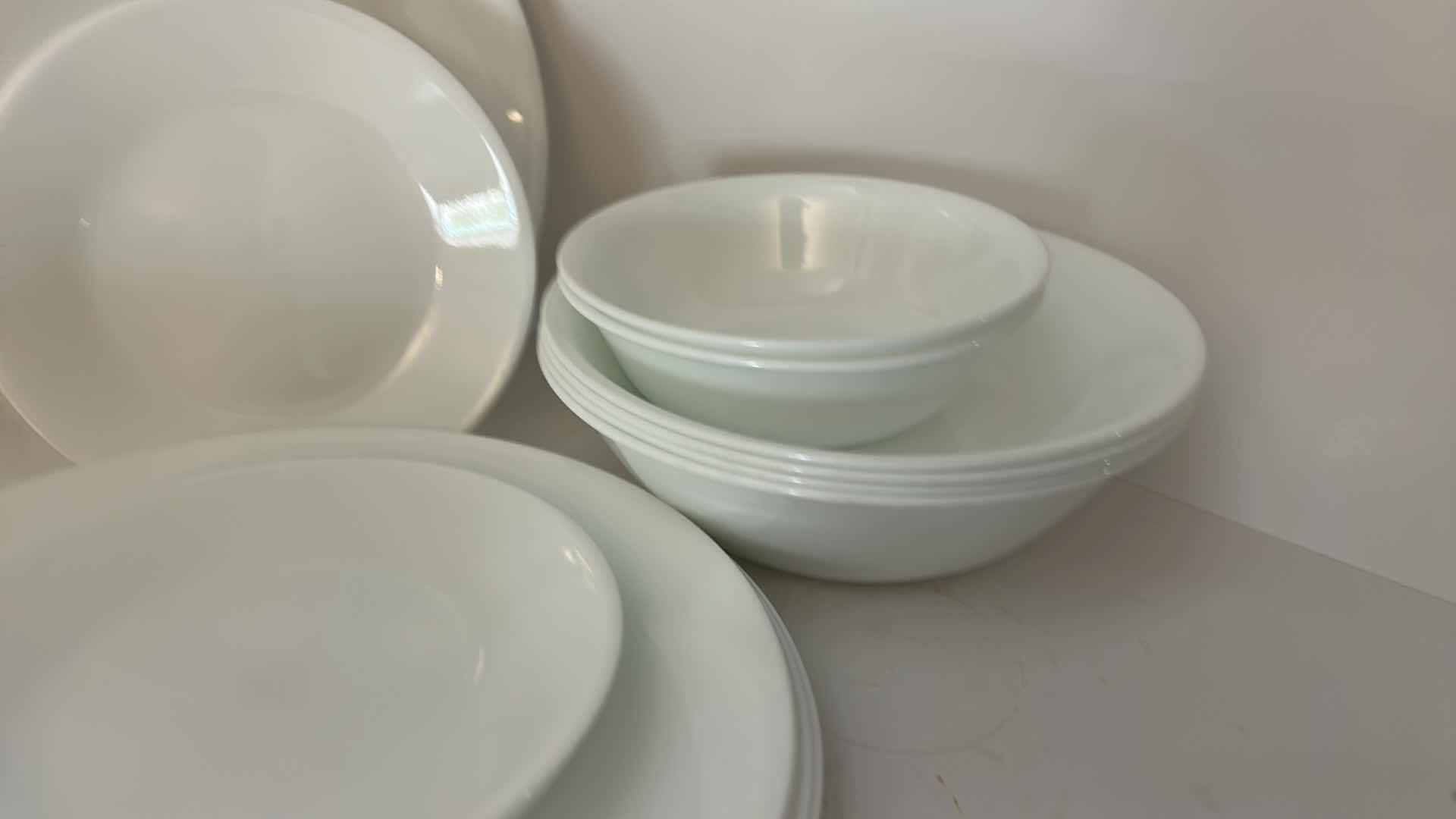 Photo 1 of 15 PC - VINTAGE CORELLE "WINTER FROST WHITE" VITRELLE GLASS DINNERWARE SET.