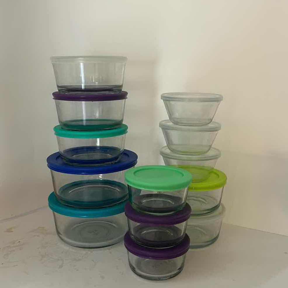 Photo 1 of 13- ANCHOR HOCKING-ASSORTED CLEAR GLASS FOOD STORAGE CONTAINERS WITH MULTICOLOR PLASTIC LIDS