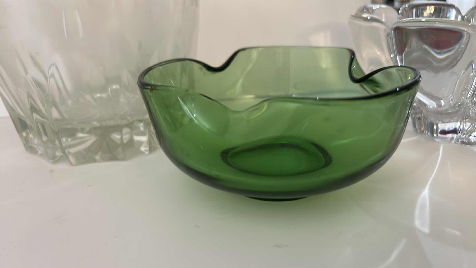 Photo 1 of ASSORTED VINTAGE GLASSWARE INCLUDING 4 FLORAL TUMBLERS, CLEAR PRESSED GLASS BOWLS AND GREEN ART GLASS DISH.