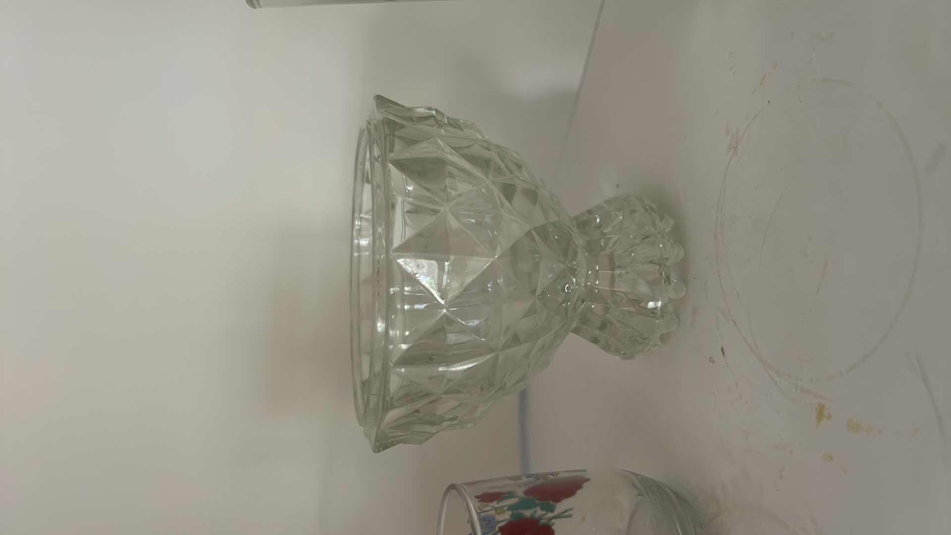 Photo 1 of ASSORTED VINTAGE GLASSWARE INCLUDING 4 FLORAL TUMBLERS, CLEAR PRESSED GLASS BOWLS AND GREEN ART GLASS DISH.