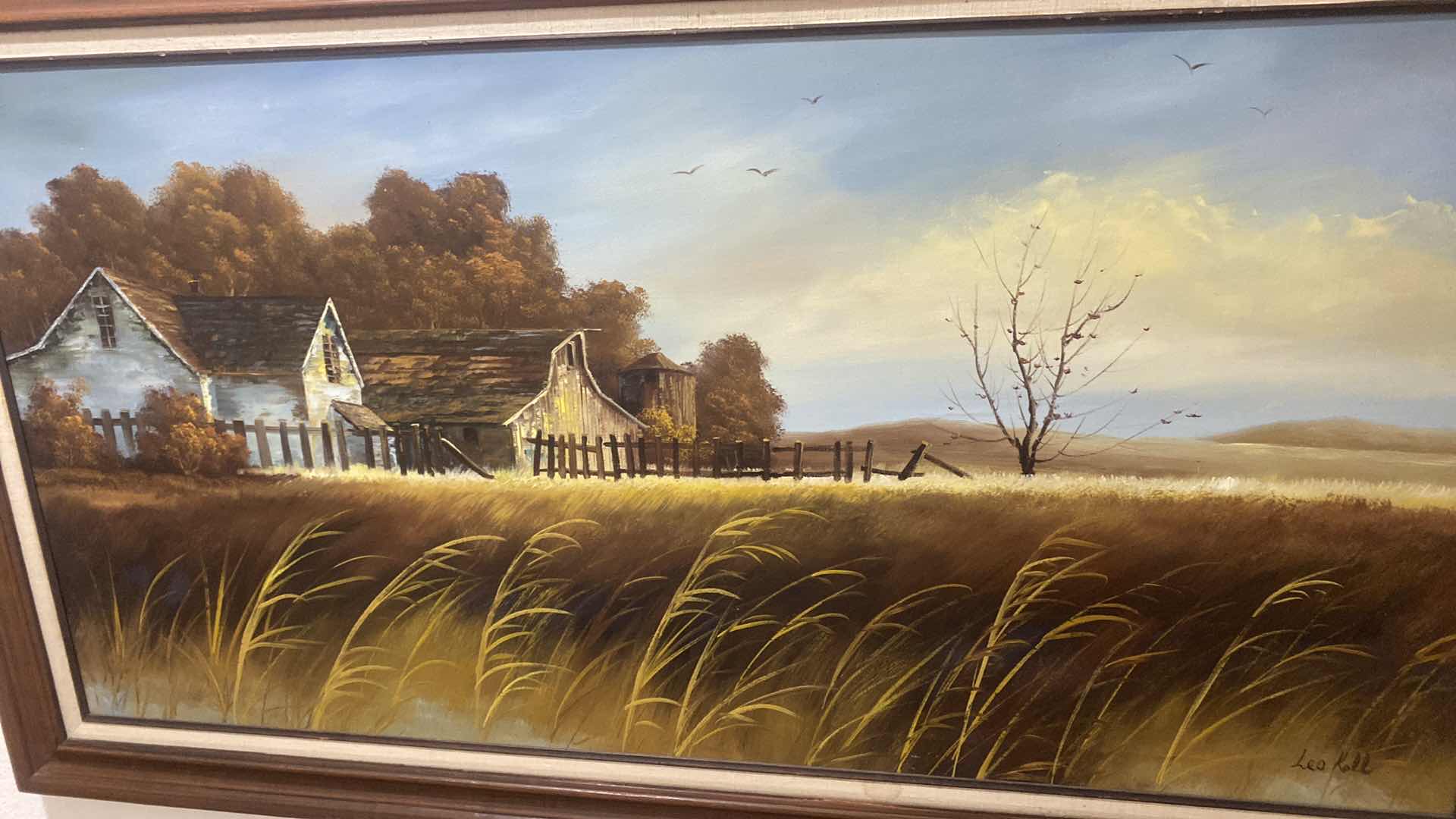 Photo 1 of VINTAGE WOOD FRAMED OIL PAINTING LANDSCAPE WITH BARNES SIGNED ARTWORK 55“ X 30 1/2”