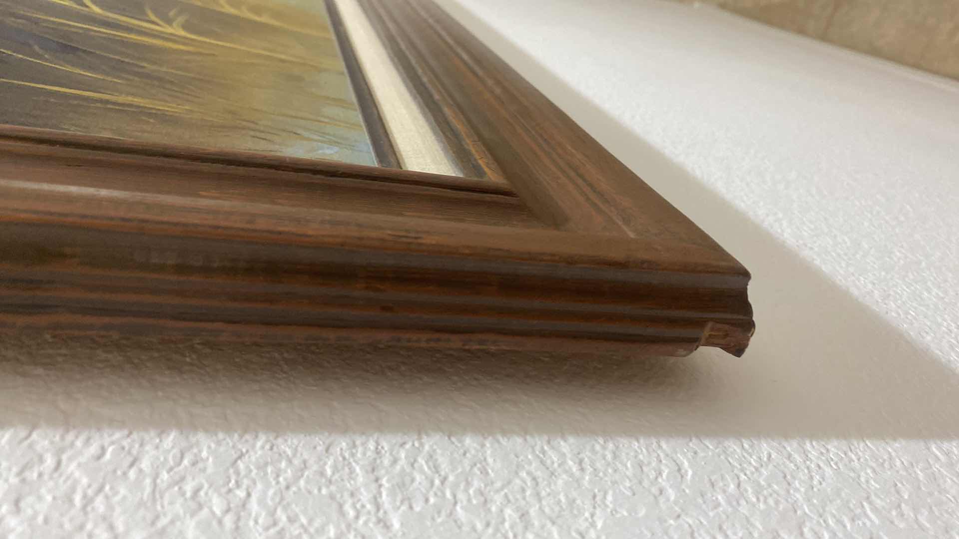 Photo 1 of VINTAGE WOOD FRAMED OIL PAINTING LANDSCAPE WITH BARNES SIGNED ARTWORK 55“ X 30 1/2”