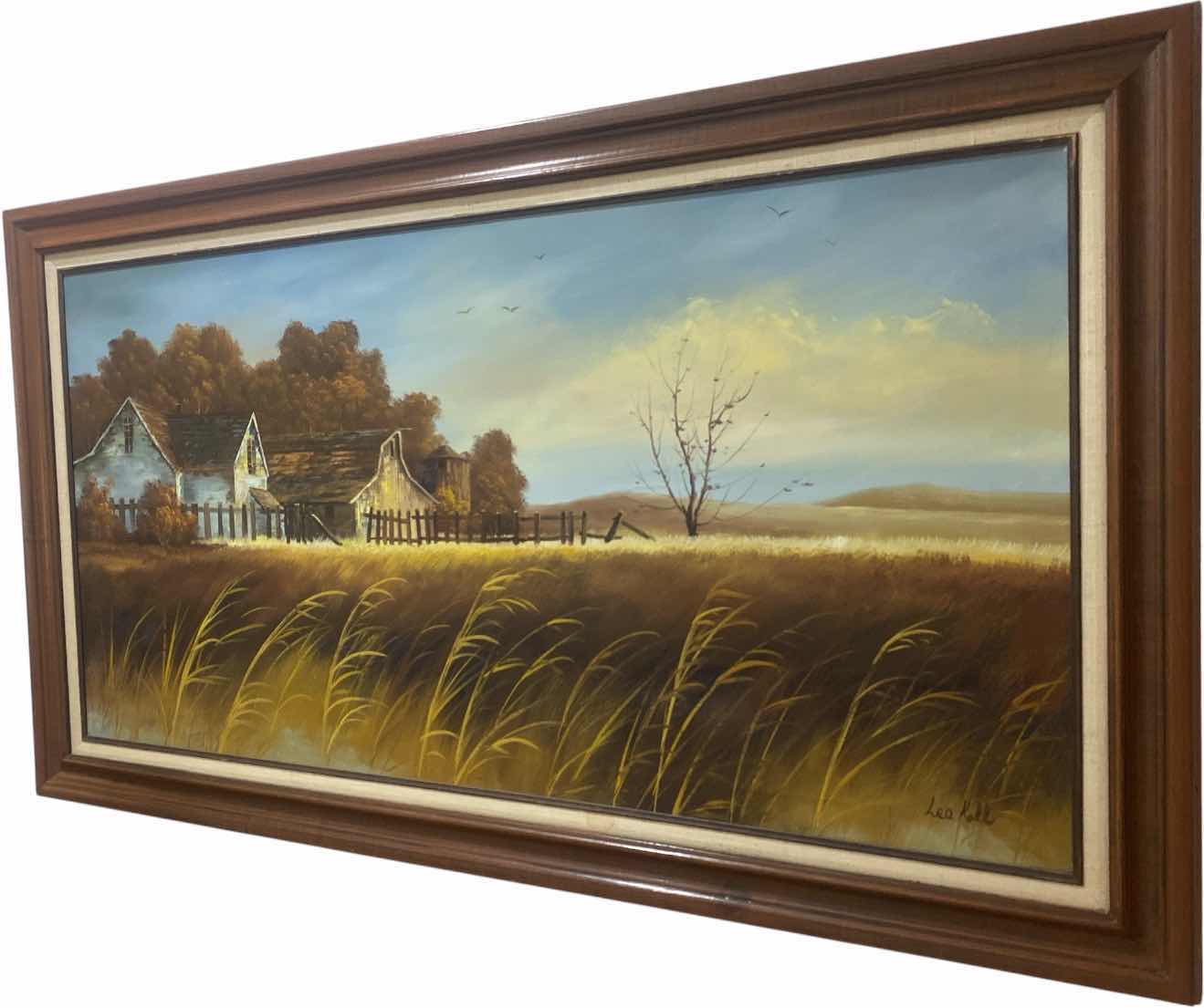 Photo 1 of VINTAGE WOOD FRAMED OIL PAINTING LANDSCAPE WITH BARNES SIGNED ARTWORK 55“ X 30 1/2”