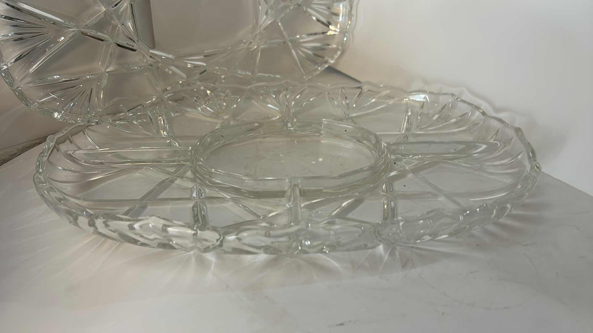 Photo 1 of 2 VINTAGE CUT CRYSTAL SERVING PLATTER SET WITH INTRICATE STARBURST & GEOMETRIC DESIGN