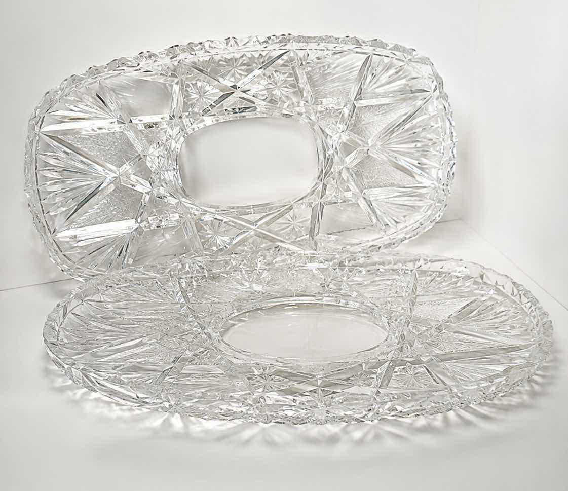 Photo 1 of 2 VINTAGE CUT CRYSTAL SERVING PLATTER SET WITH INTRICATE STARBURST & GEOMETRIC DESIGN