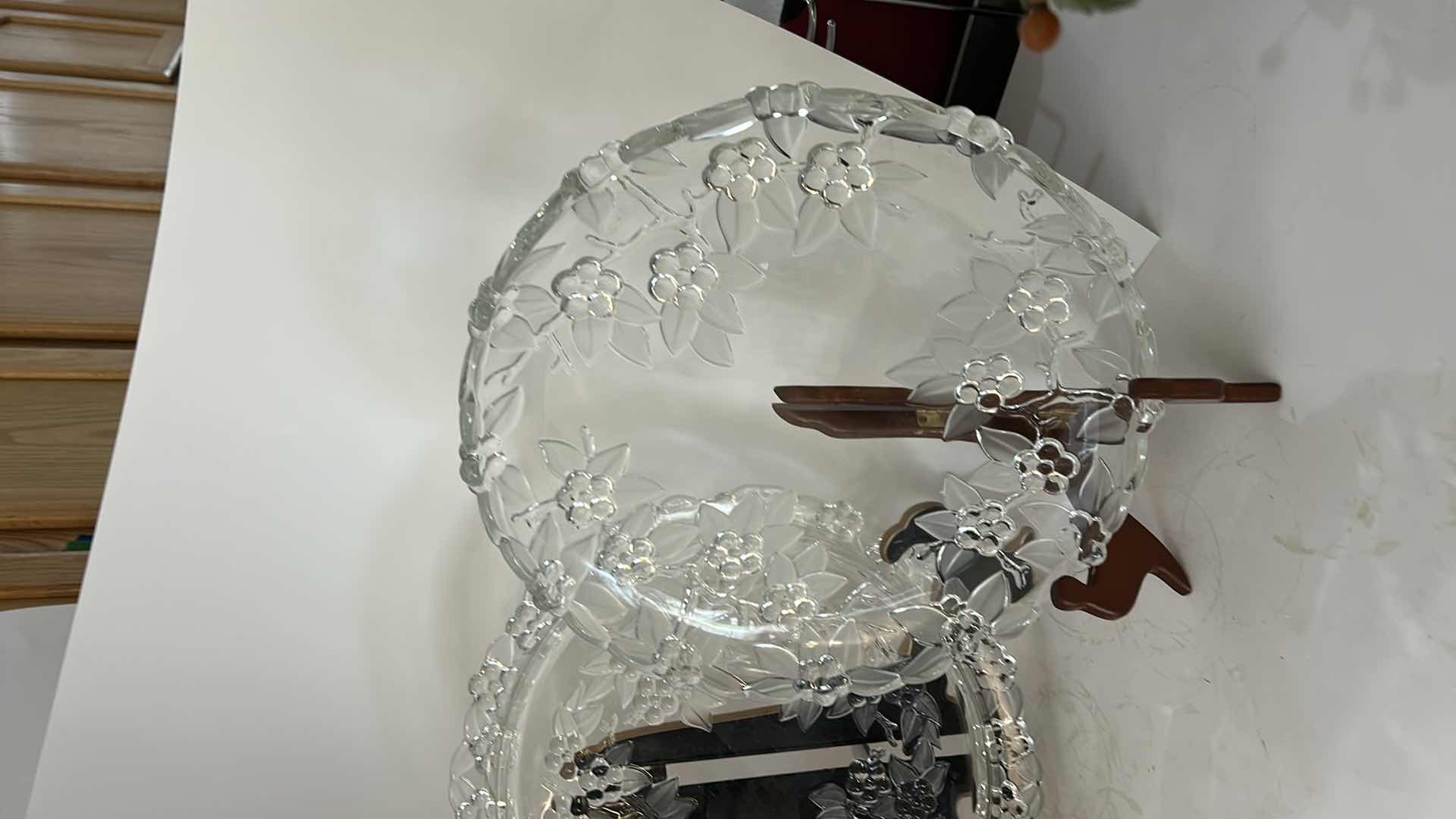 Photo 1 of PAIR OF CLEAR GLASS SERVING PLATES WITH RAISED FLORAL & LEAF DESIGN